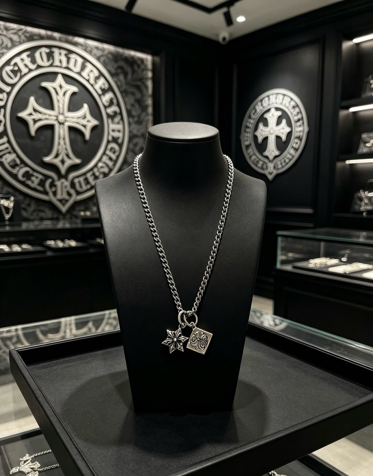 Chrome Hearts Silver Star and Square Charm Necklace